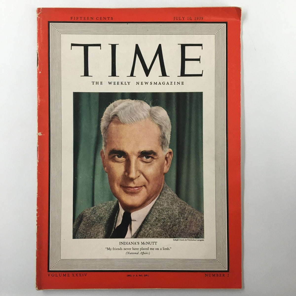 Cover of VTG Time Magazine from July 10, 1939, Volume 34 No. 2 featuring Indiana Governor Paul V. McNutt, highlighting historical significance and collectible value.