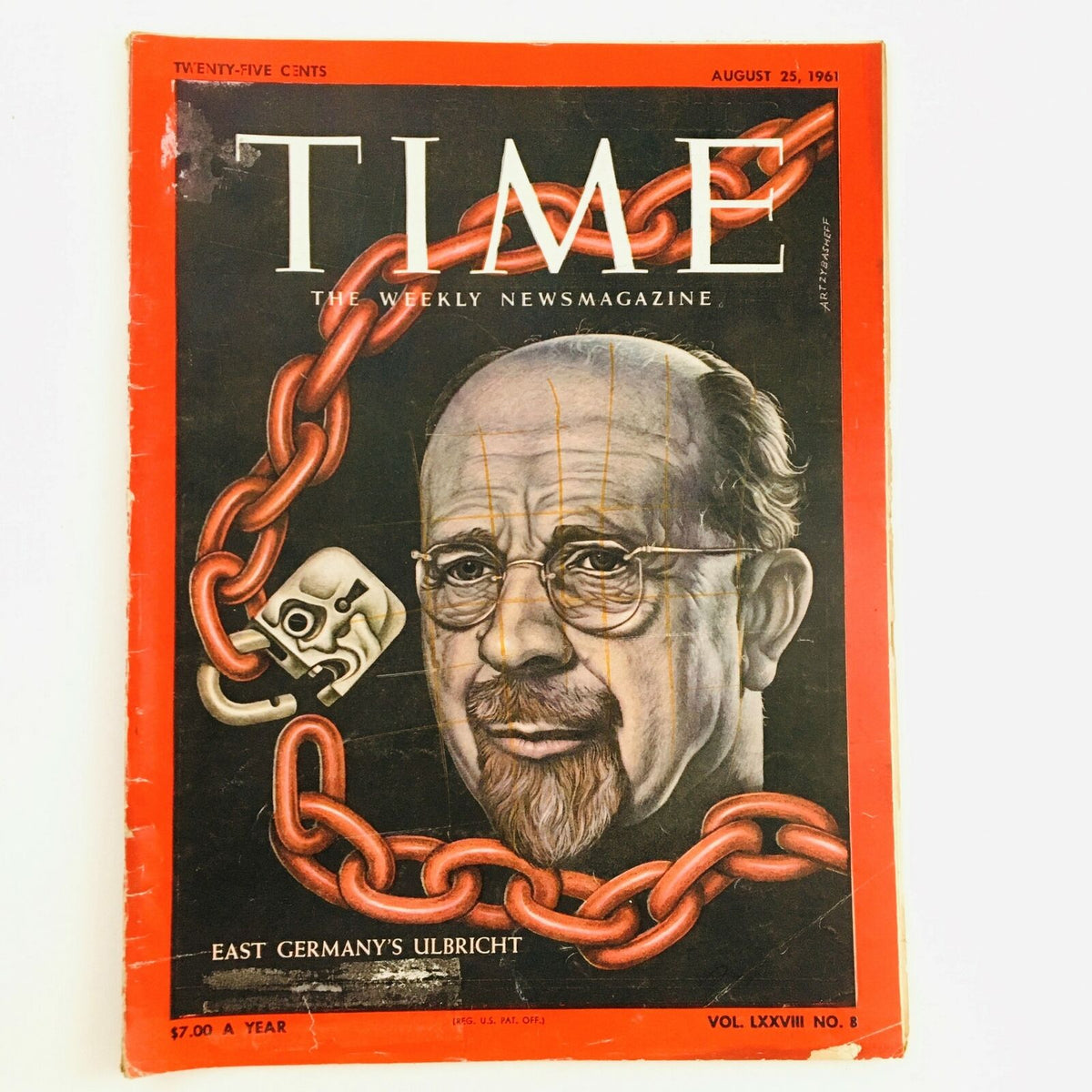 Cover of VTG Time Magazine August 25, 1961, Vol. 78 No. 8 featuring East Germany's Walter Ulbricht, showcasing vibrant artwork with chains symbolizing the political climate.
