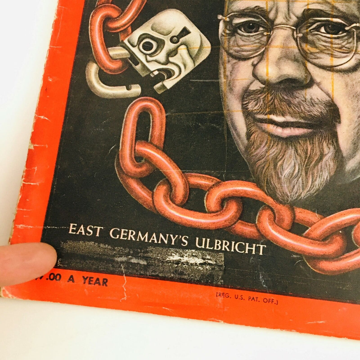 Close-up of the cover of VTG Time Magazine August 25, 1961, highlighting East Germany's Walter Ulbricht and the phrase 'East Germany's Ulbricht', with visible wear on the edges.