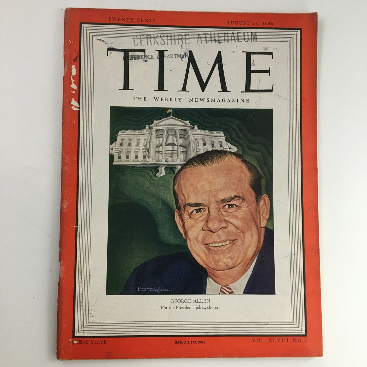 Time Magazine August 12 1946 featuring American politician George Allen on the cover, showcasing his portrait with the White House in the background, Volume 48, Number 7 edition.