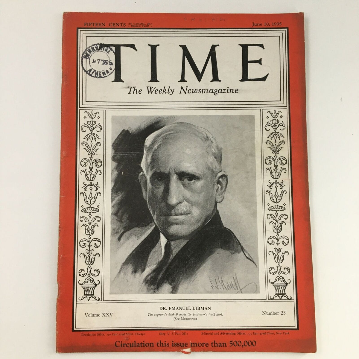 Cover of Time Magazine June 10 1935 Vol 25 #23 featuring Dr. Emmanuel Libman, showcasing a vintage design with a portrait of the doctor and historical details.