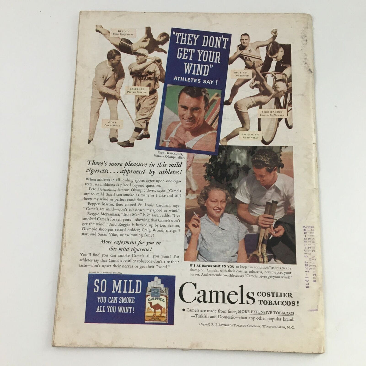 Back cover of Time Magazine June 10 1935 Vol 25 #23, featuring a vintage advertisement for Camels cigarettes with athletes promoting their product, reflecting the era's advertising style.