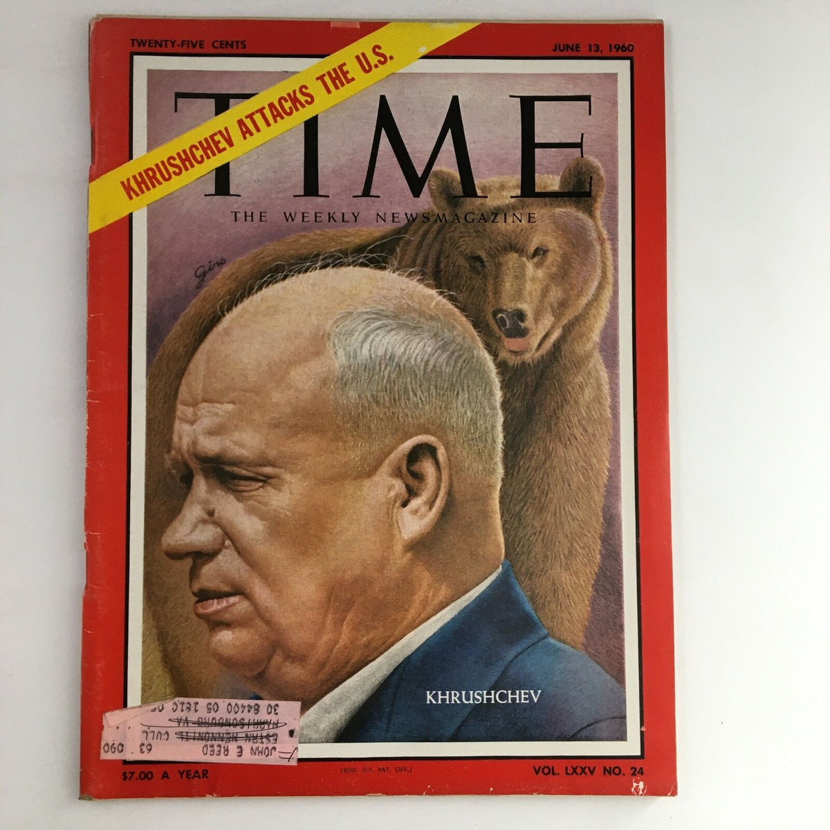 Time Magazine June 13 1960 Vol 75 #24 featuring Nikita Khrushchev on the cover, with a bear in the background and the text 'Khrushchev Attacks The U.S.' prominently displayed.