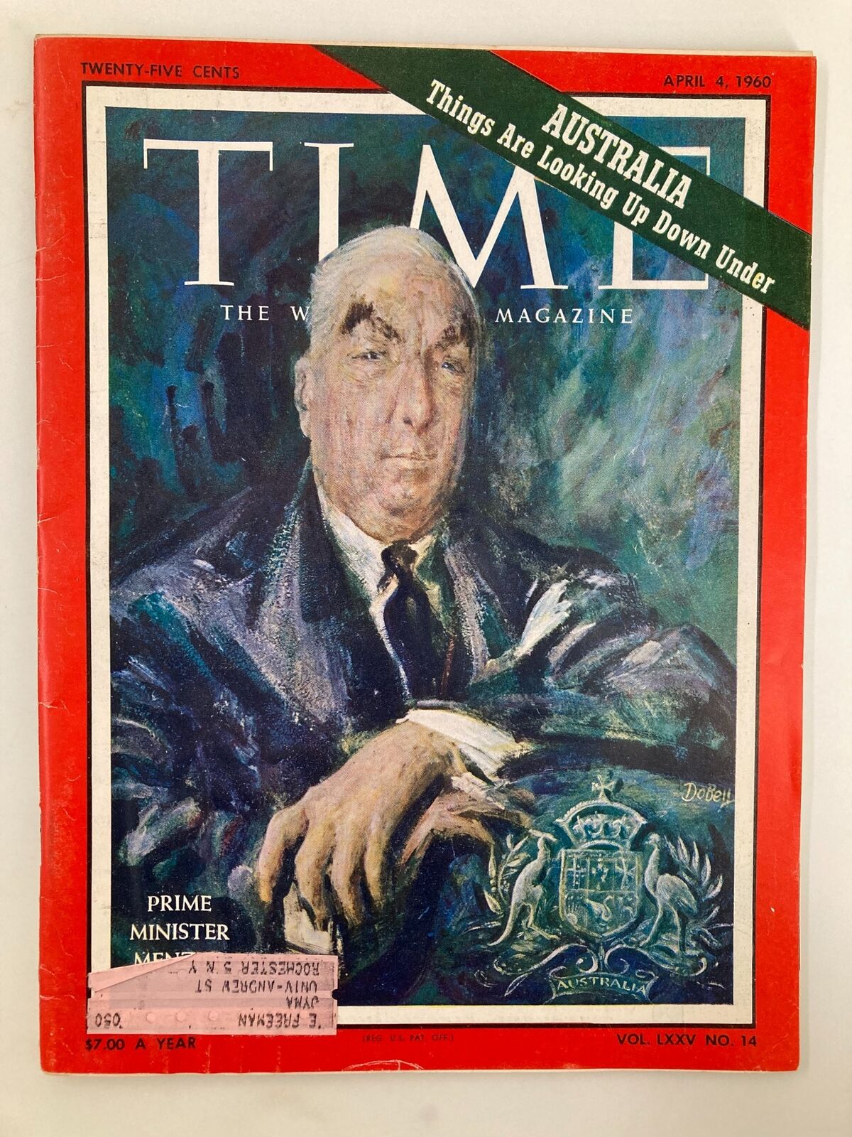 Vintage Time Magazine from April 4, 1960 featuring Prime Minister Robert Menzies on the cover. The cover art showcases Menzies in a formal pose against a colorful background, with the magazine title prominently displayed. Volume 75, Number 14, includes insights into mid-20th century Australian politics.