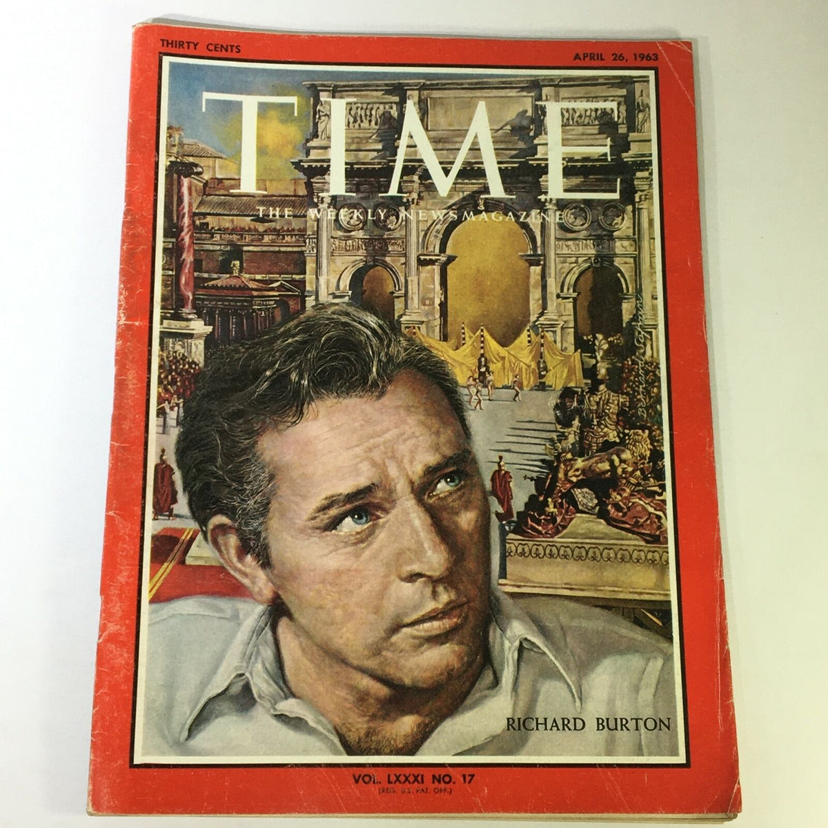 Vintage Time Magazine from April 26, 1963 featuring Richard Burton on the cover, showcasing the iconic art style and historical significance of the era.