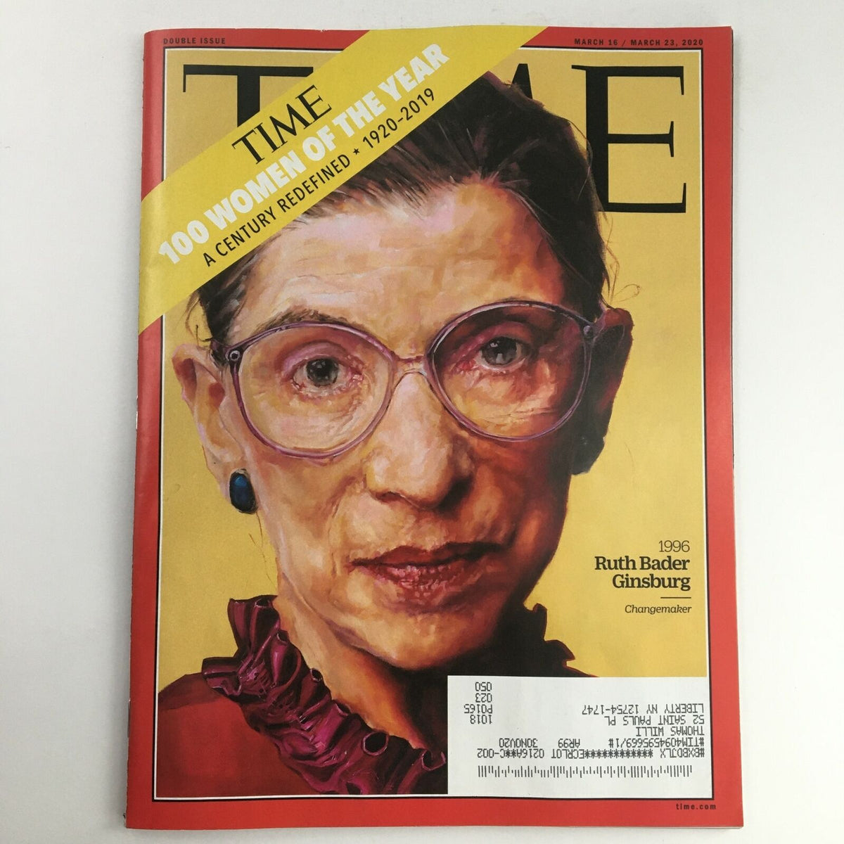 Time Magazine March 16-23, 2020 featuring Ruth Bader Ginsburg as one of the Women of the Year, showcasing a portrait of Ginsburg with a distinctive cover design.