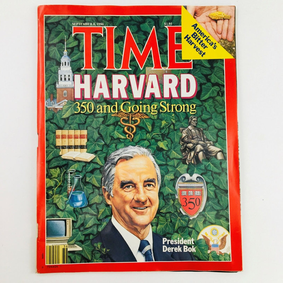 Vintage Time Magazine issue from September 8, 1986, featuring Harvard President Derek Bok on the cover, highlighting the 350th anniversary of Harvard University.