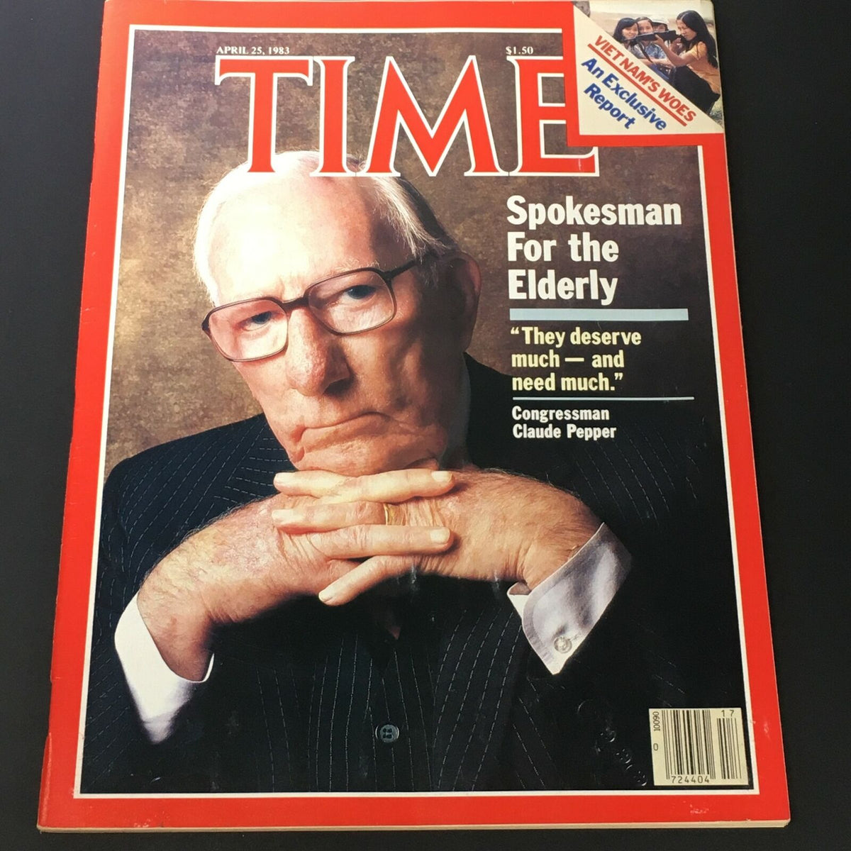 Cover of VTG Time Magazine from April 25, 1983 featuring Congressman Claude Pepper, titled 'Spokesman For the Elderly'. The cover highlights Vietnam's Woes with a portrait of Claude Pepper in a pinstriped suit, emphasizing his commitment to social justice.