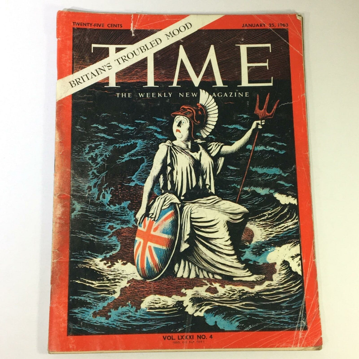 Vintage Time Magazine from January 25, 1963, Volume 81, Issue #4 features cover art portraying a figure symbolizing Britain amidst turbulent waters, titled 'Britain's Troubled Mood'.