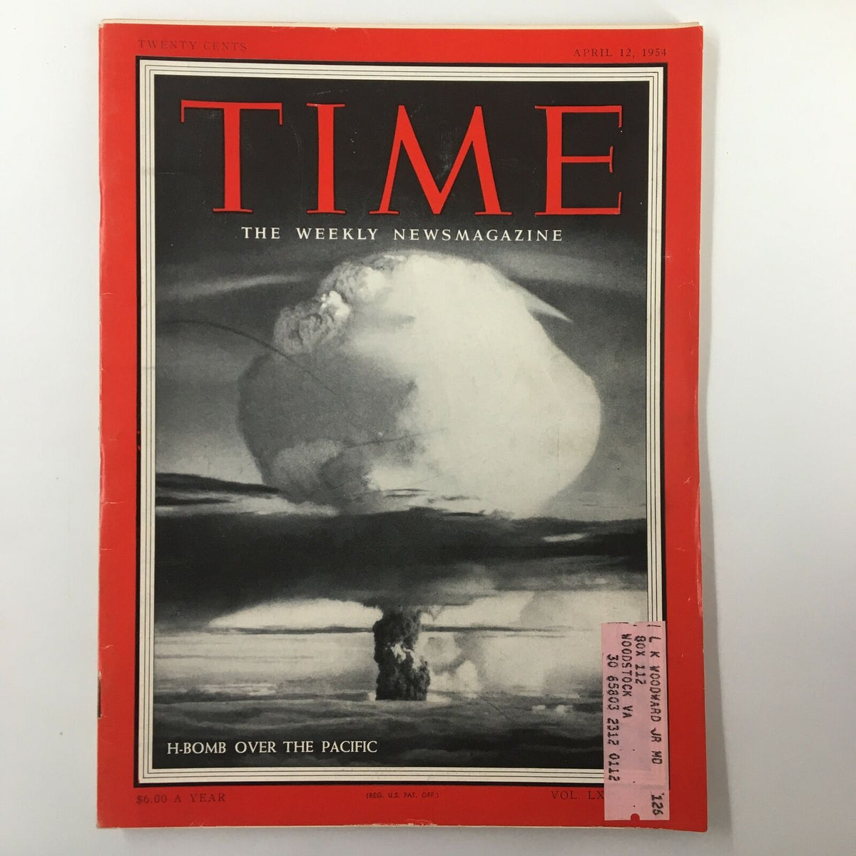 VTG Time Magazine April 12 1954, Vol. 63 No. 15, featuring a dramatic cover image of an H-bomb explosion over the Pacific, highlighting historical significance.