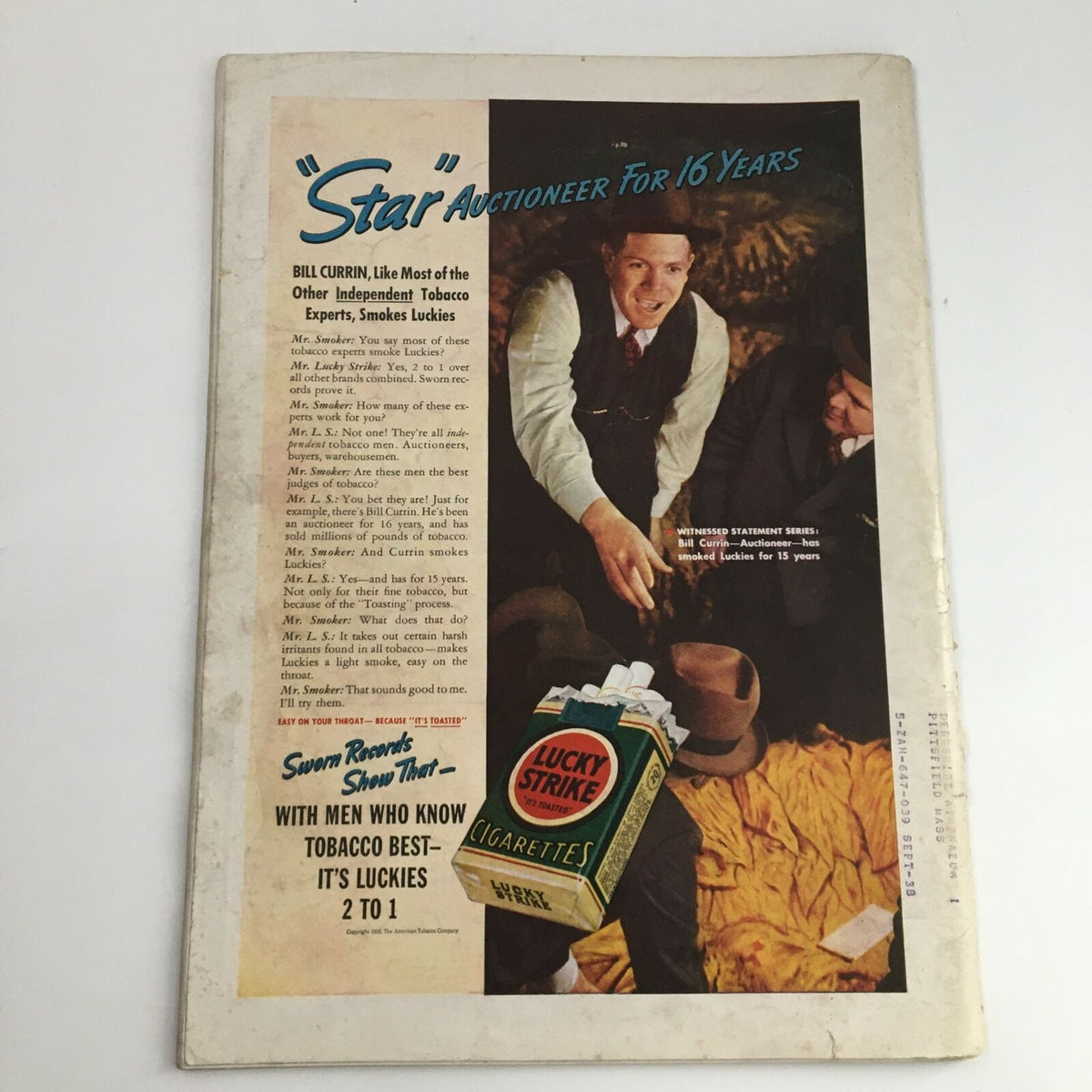 Back cover of Time Magazine October 31 1938 Vol 32 #18, featuring an advertisement for Lucky Strike cigarettes, highlighting vintage marketing from the era.