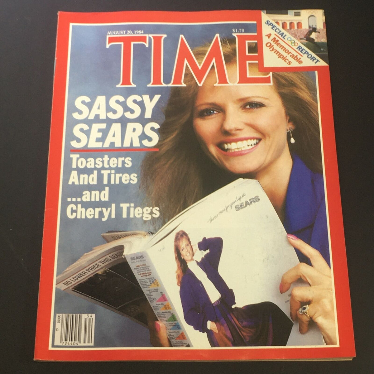 Cover of VTG Time Magazine from August 20, 1984 featuring Cheryl Tiegs, highlighting a memorable Olympics with related articles and advertisements.