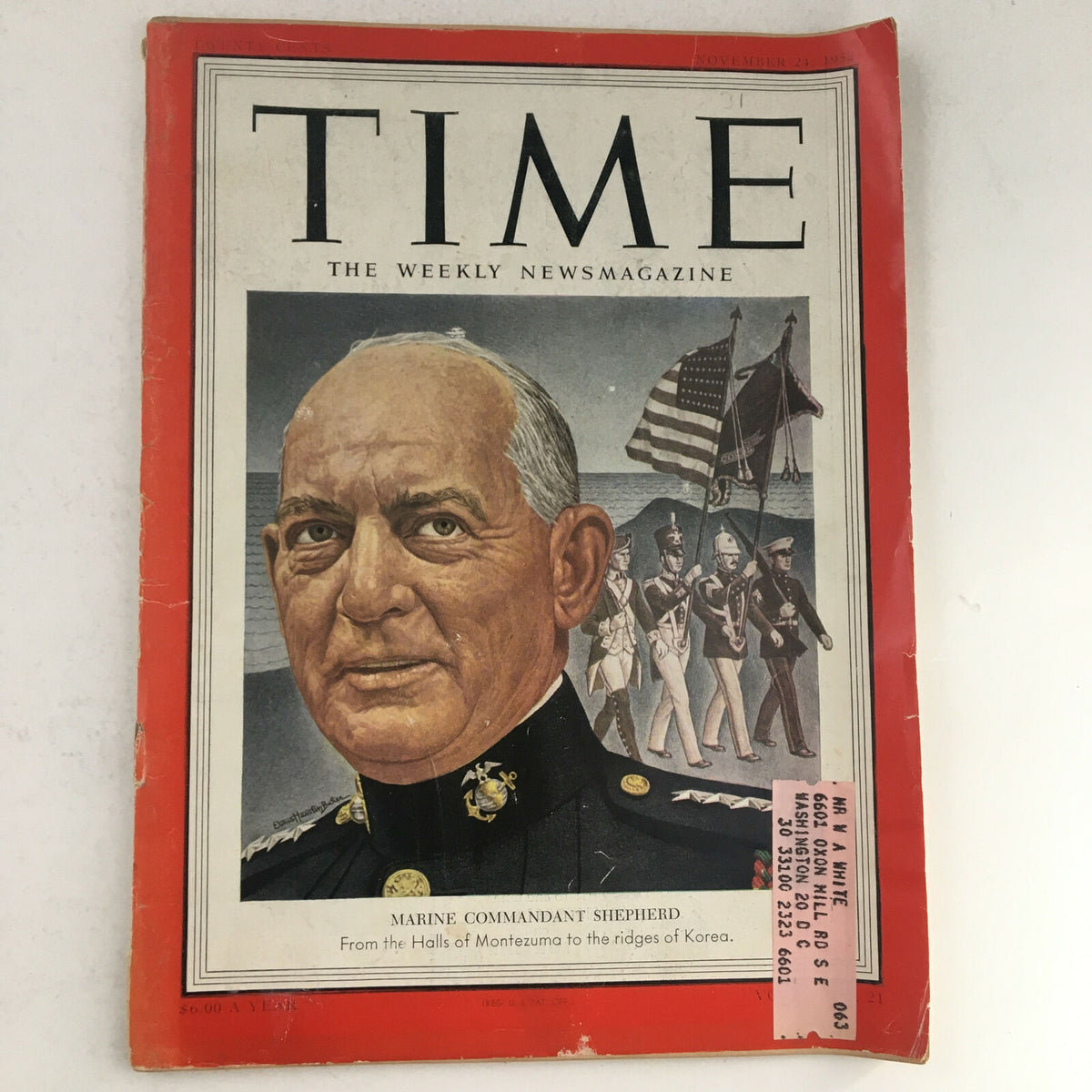 Cover of Time Magazine from November 24, 1952, featuring Commandant Lemuel C. Shepherd Jr., with military personnel and flags in the background.