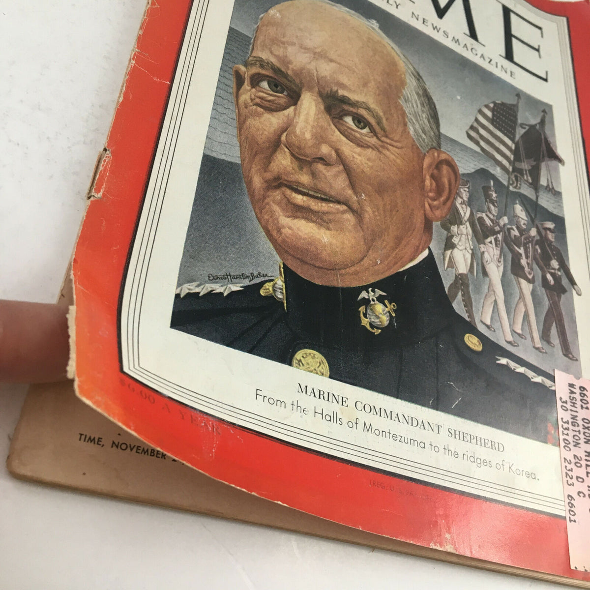 Close-up of Time Magazine cover from November 24, 1952, showcasing Commandant Lemuel C. Shepherd Jr. and detailed artwork.