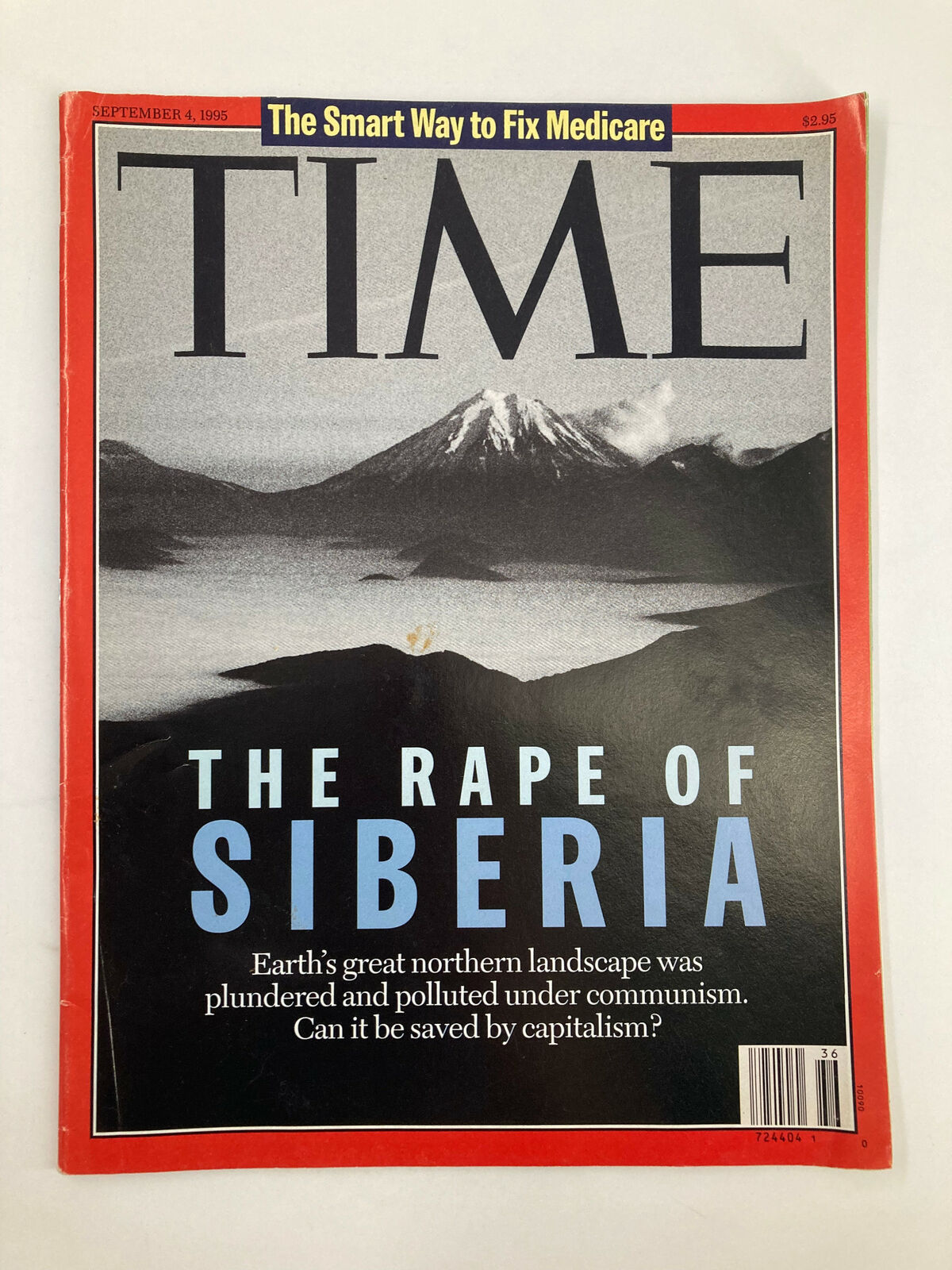 Time Magazine September 4, 1995 cover featuring the article 'The Rape of Siberia', showcasing a striking black and white image of a mountainous landscape with the title boldly displayed.