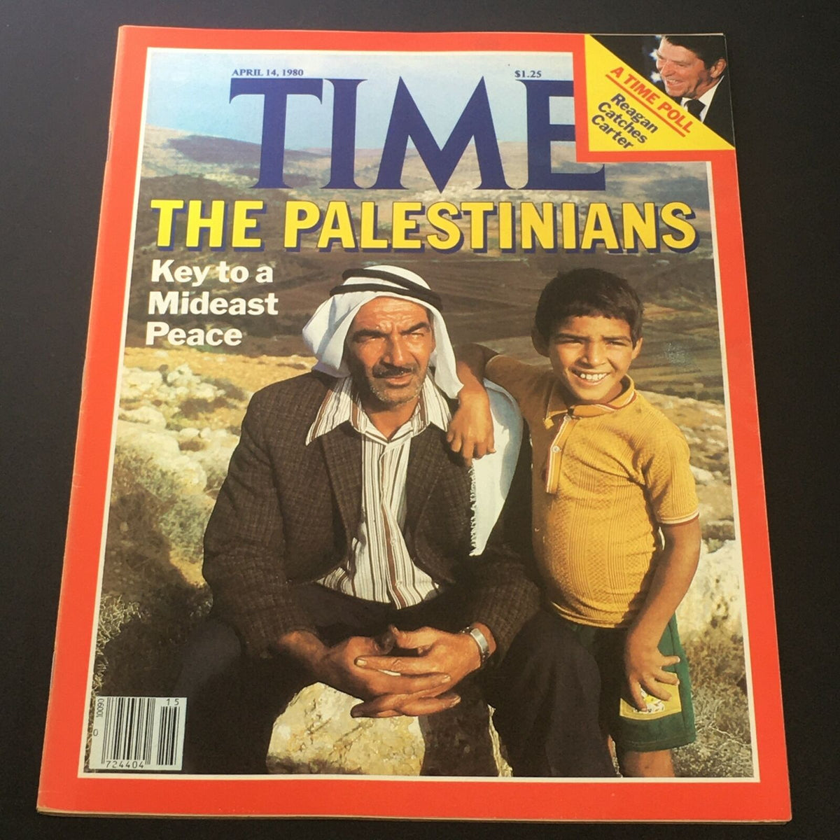 VTG Time Magazine April 14 1980 cover featuring 'The Palestinians' with a man and a boy, symbolizing key themes of peace in the Mideast.