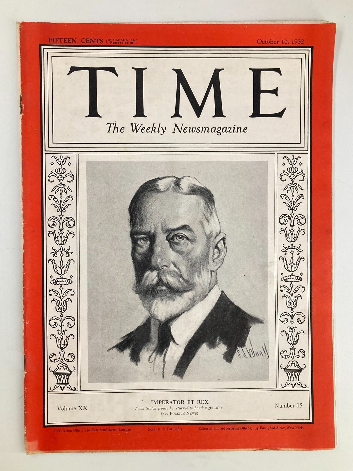 Vintage Time Magazine cover from October 10, 1932, Vol 20 #15 titled 'Imperator Et Rex', featuring a detailed portrait illustration.