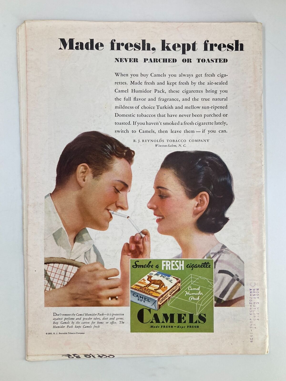 Vintage Time Magazine October 10, 1932 featuring an advertisement for Camels cigarettes, showcasing a man and woman enjoying a moment together, emphasizing freshness with the slogan 'Made fresh, kept fresh'.