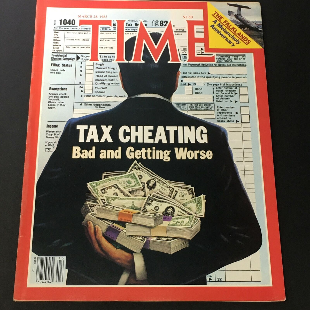 Cover of VTG Time Magazine dated March 28, 1983, featuring the headline 'Tax Cheating Bad and Getting Worse' alongside a graphic of money, highlighting significant topics such as tax evasion and the Falklands conflict.