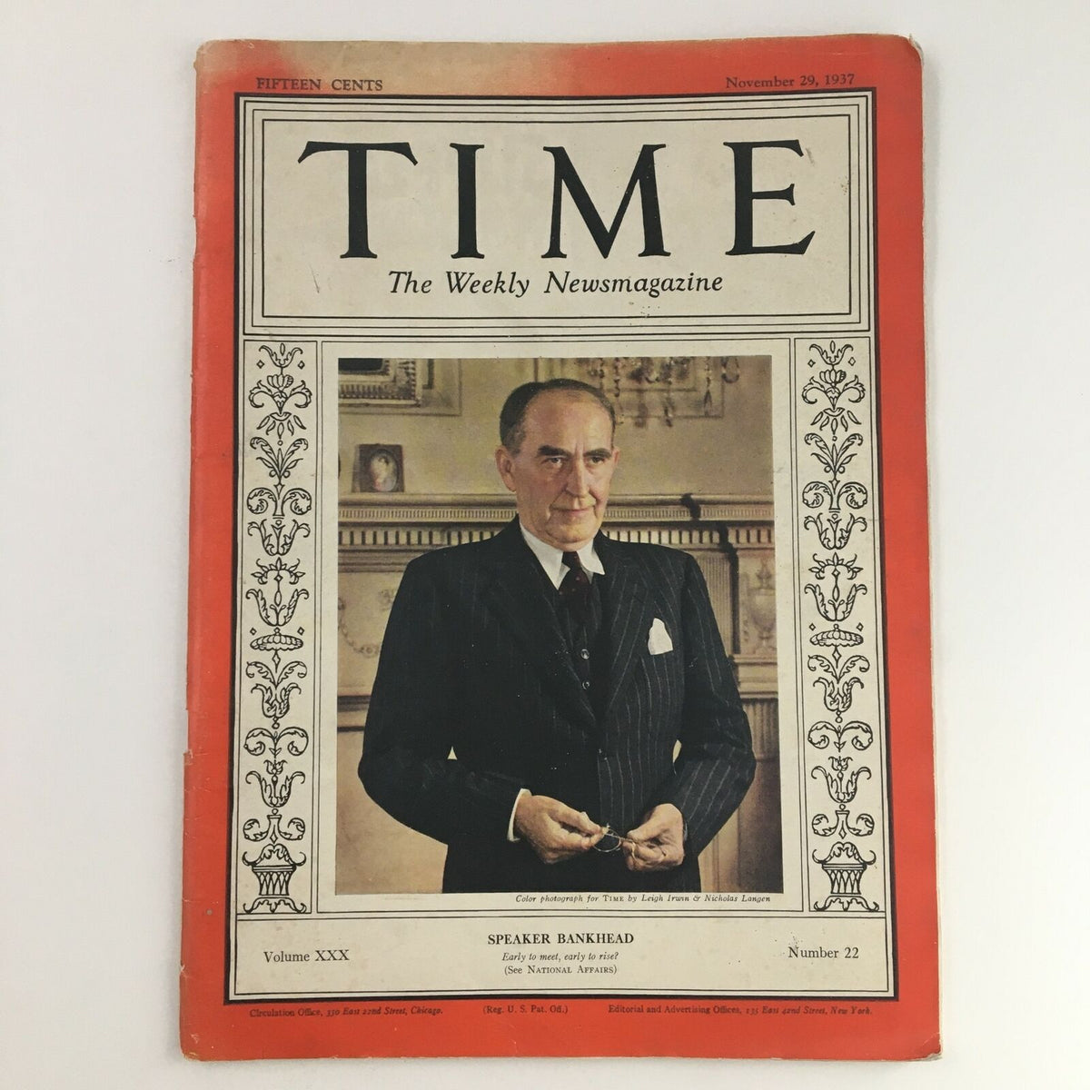 Time Magazine cover from November 29, 1937, featuring Speaker William B. Bankhead. The cover showcases a vintage design with a portrait of Bankhead in formal attire, reflecting the political climate of the 1930s.