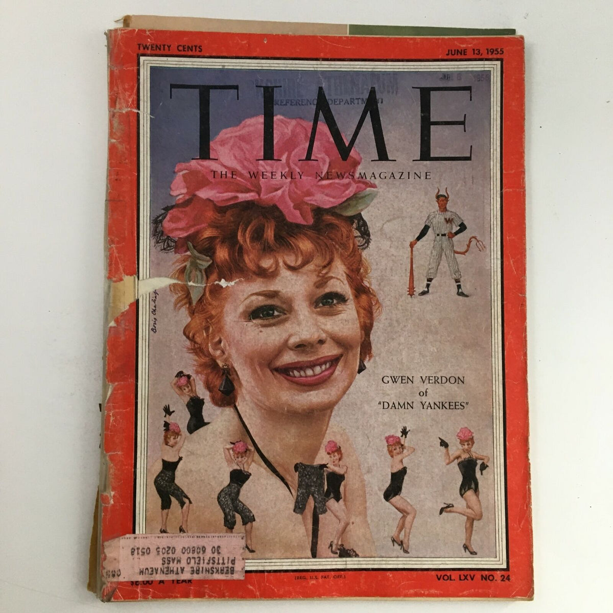 Cover of Time Magazine from June 13, 1955, featuring actress Gwen Verdon of 'Damn Yankees' with vibrant illustrations, showcasing 1950s musical theater culture.