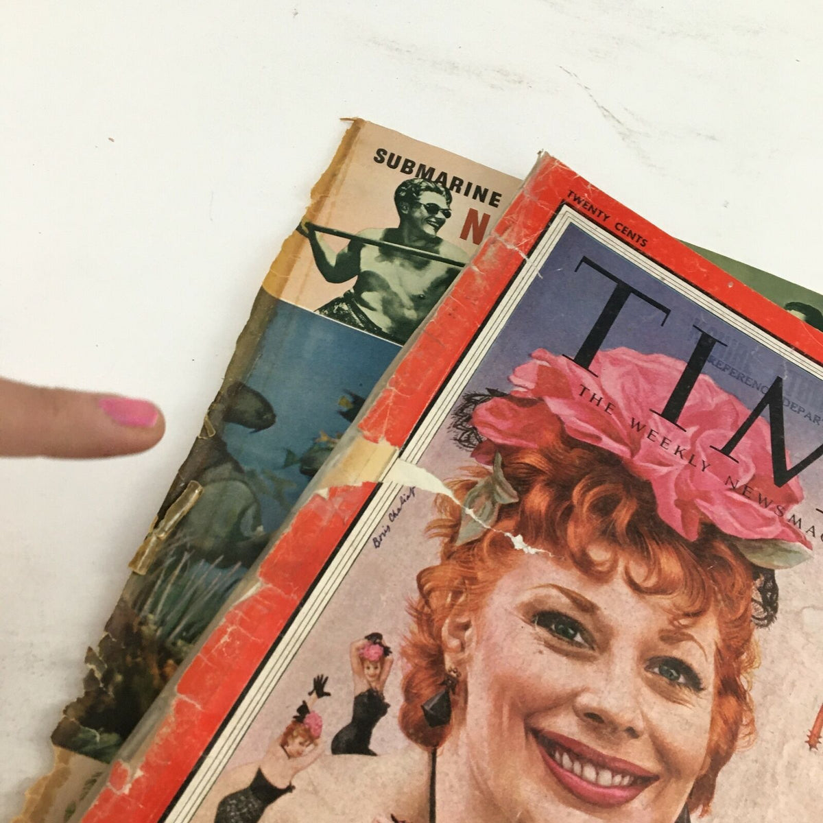 Vintage Time Magazine from June 13, 1955 featuring actress Gwen Verdon of 'Damn Yankees', showcasing an eye-catching cover with vibrant colors and a lively design, with signs of wear typical of its age.