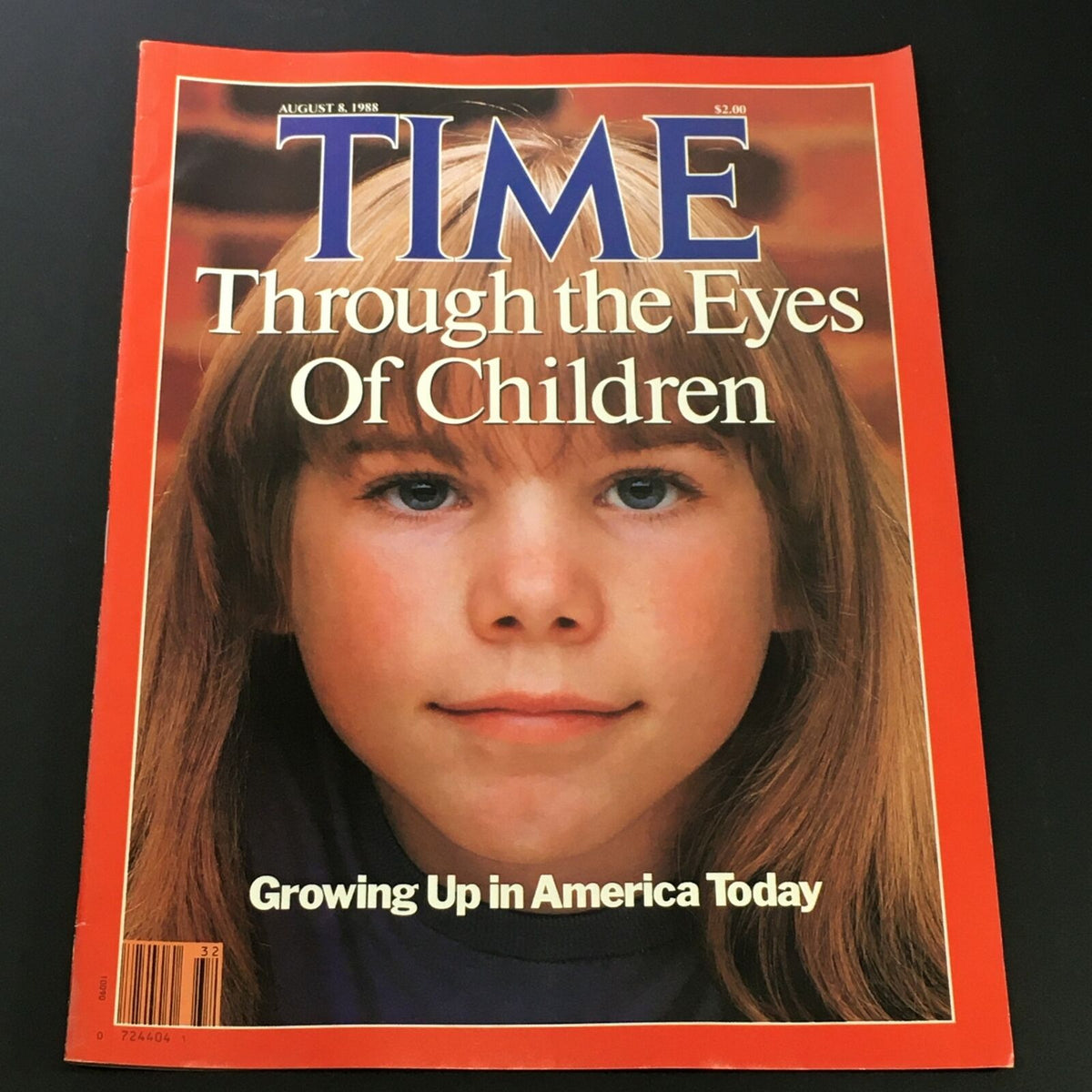 Vintage Time Magazine August 8, 1988 featuring the cover story 'Growing Up In America Today' with an image of a child, showcasing youth culture in America during the late 1980s.