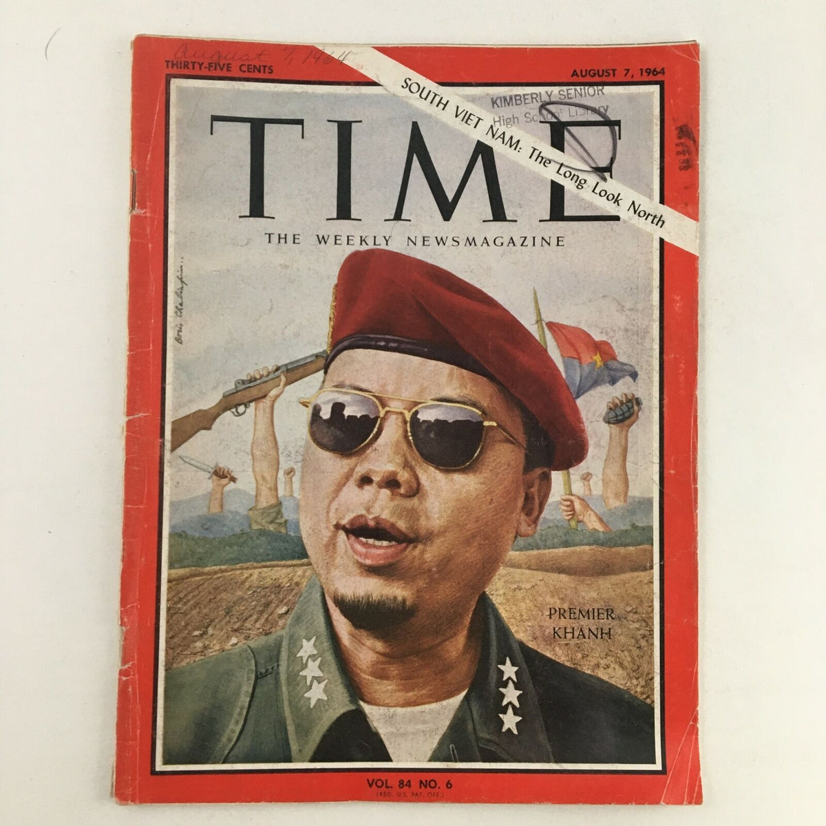 Time Magazine August 7 1964 featuring South Vietnamese Officer Nguyễn Khánh on the cover with a red beret and sunglasses against a backdrop depicting the Vietnam War.
