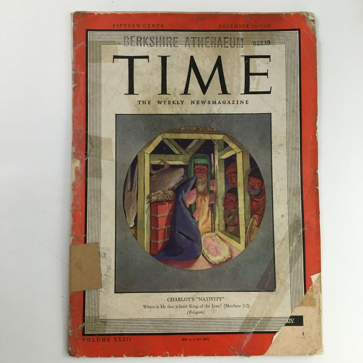 Cover of Time Magazine December 26 1938 Vol 32 #26 featuring Charlot's 'Nativity' artwork, showcasing Christmas theme.