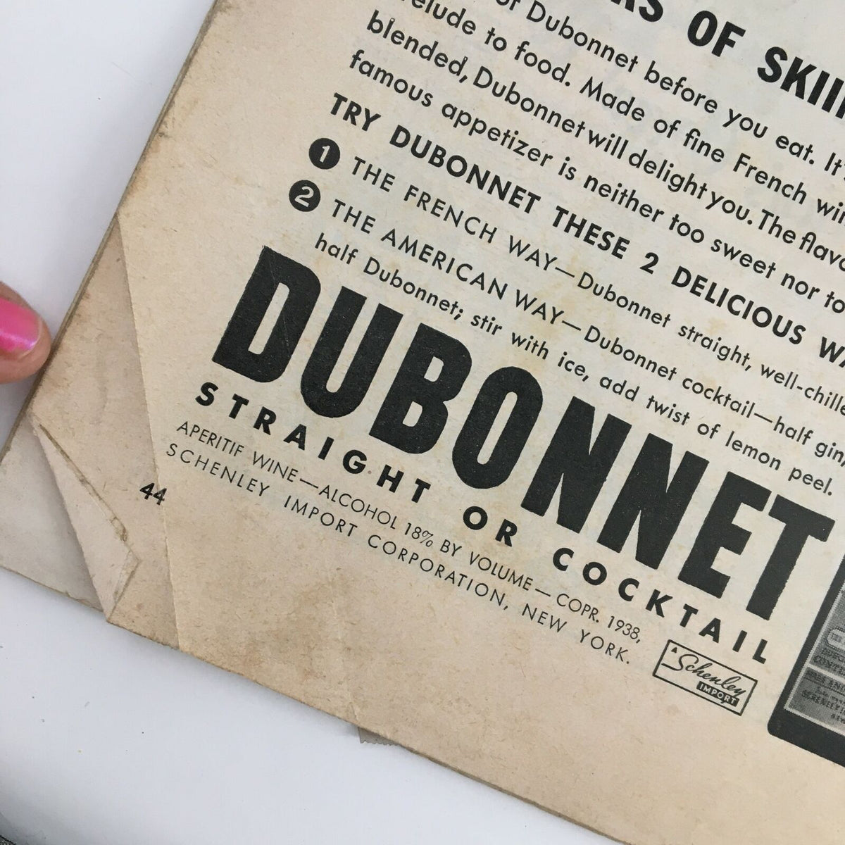 Close-up of the back cover of Time Magazine December 26 1938, highlighting the Dubonnet advertisement with cocktail mixing instructions.