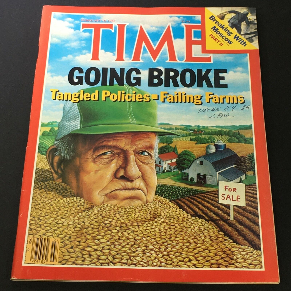 VTG Time Magazine February 18 1985 cover featuring the article 'Going Broke' with an illustration of a farmer surrounded by crops and a 'For Sale' sign.