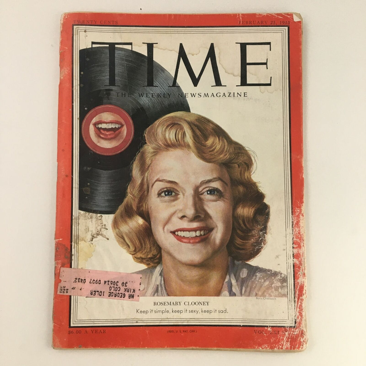 Cover of Time Magazine February 23 1953, Vol LXI No. 8 featuring American singer Rosemary Clooney with a vinyl record graphic.