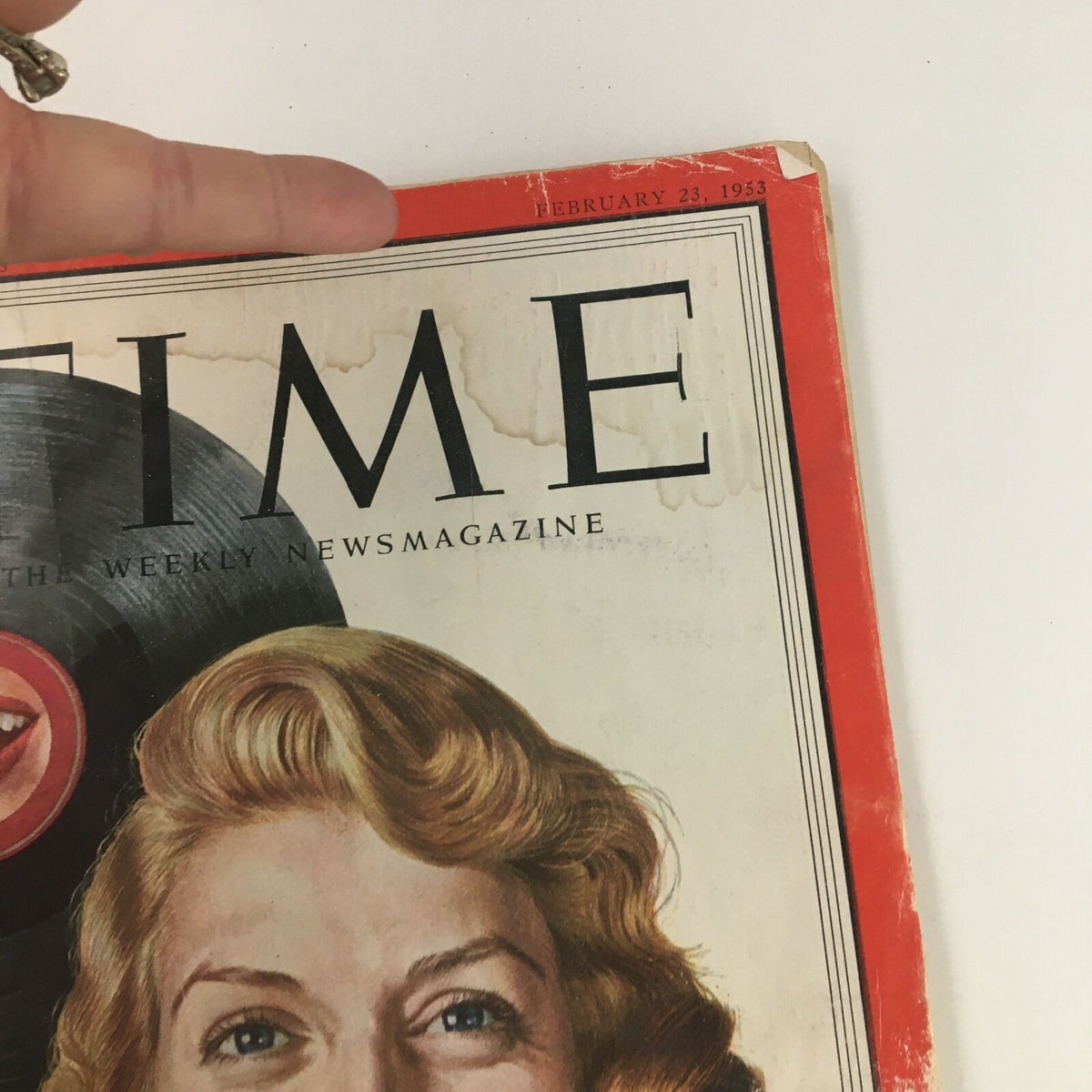Detail of Time Magazine February 23 1953 cover showing the date and title, featuring American singer Rosemary Clooney.