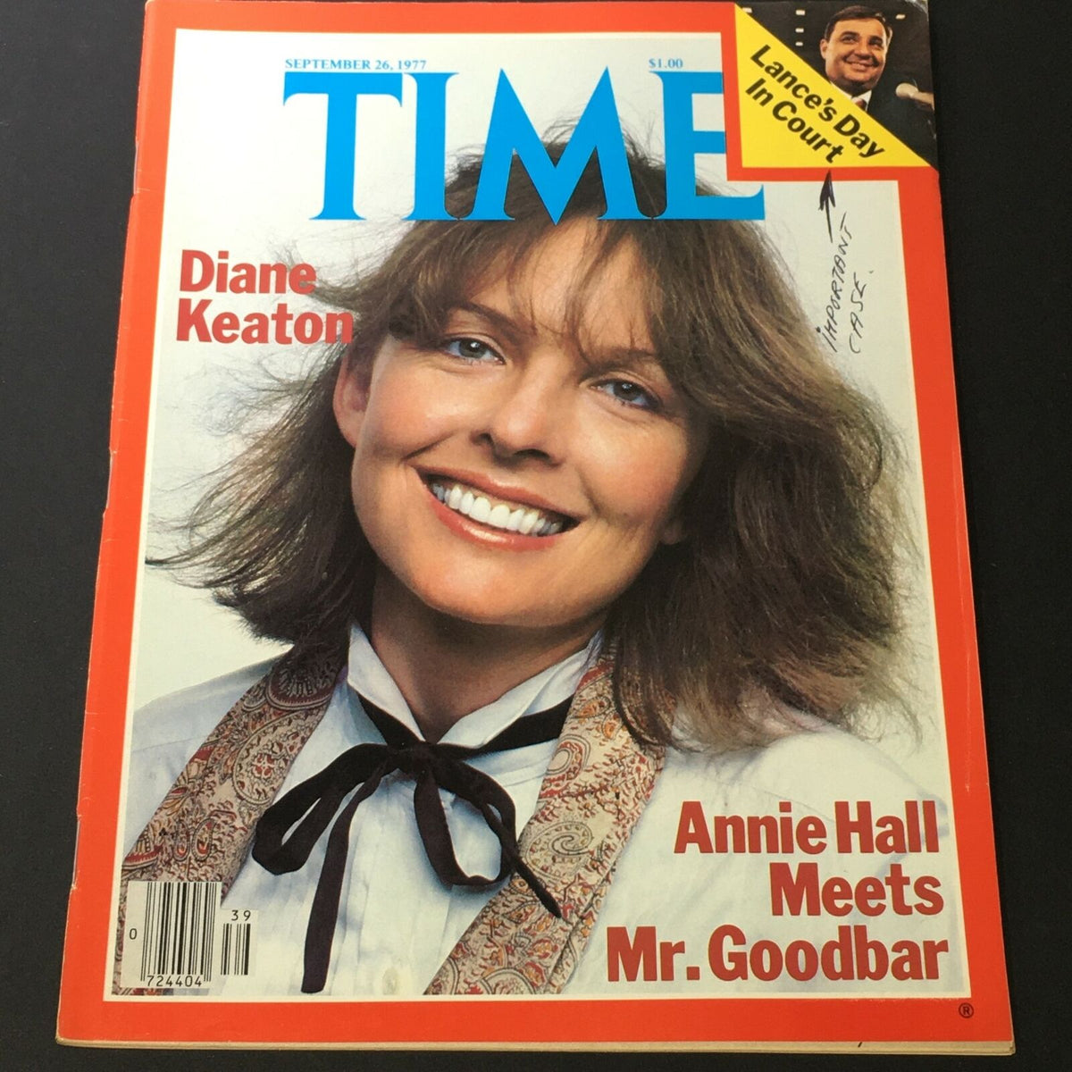 Vintage Time Magazine September 26, 1977 featuring Diane Keaton on the cover with the title 'Annie Hall Meets Mr. Goodbar' and showcasing her iconic smile.