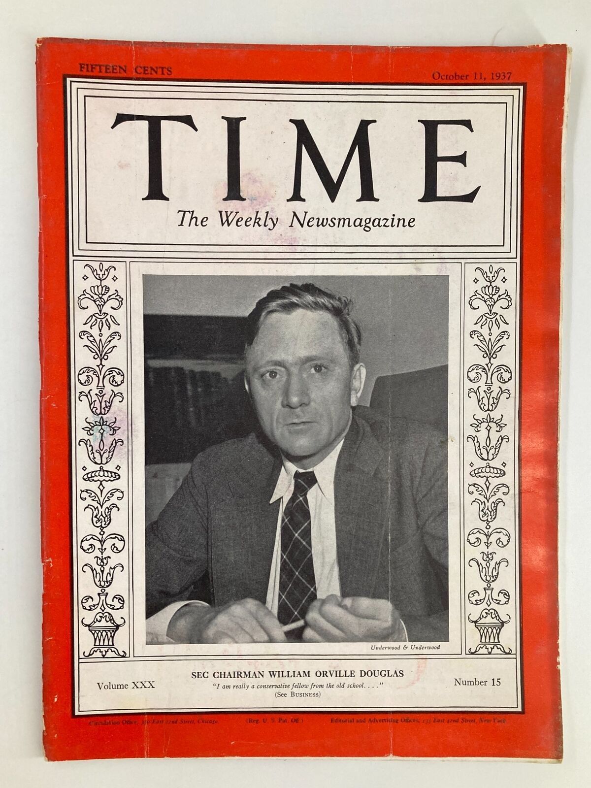 Vintage Time Magazine from October 11, 1937 featuring the cover portrait of William Orville Douglas, showcasing the iconic red border and magazine title.
