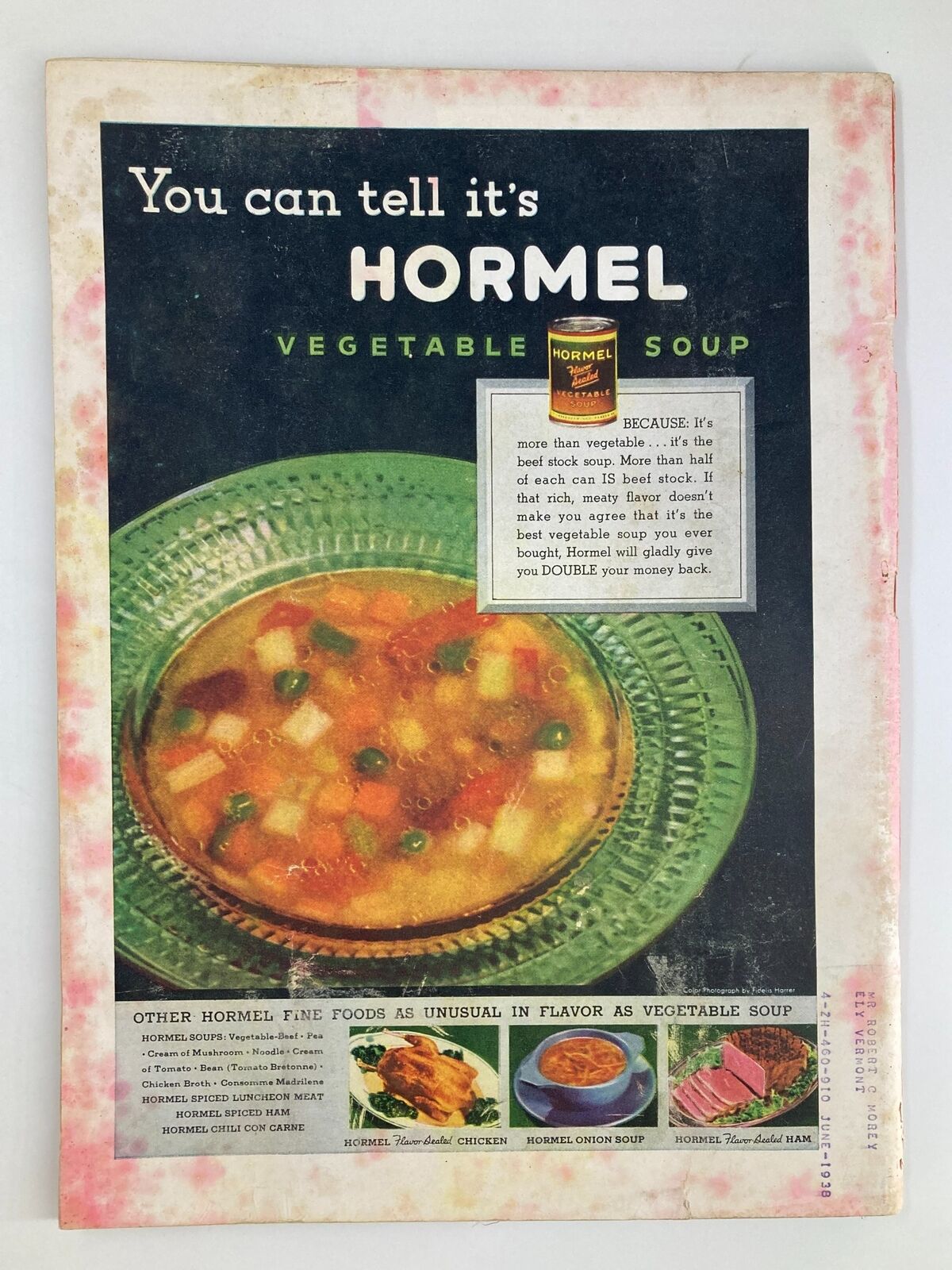 Back cover of the vintage Time Magazine from October 11, 1937 advertising Hormel Vegetable Soup with colorful imagery and promotional text.