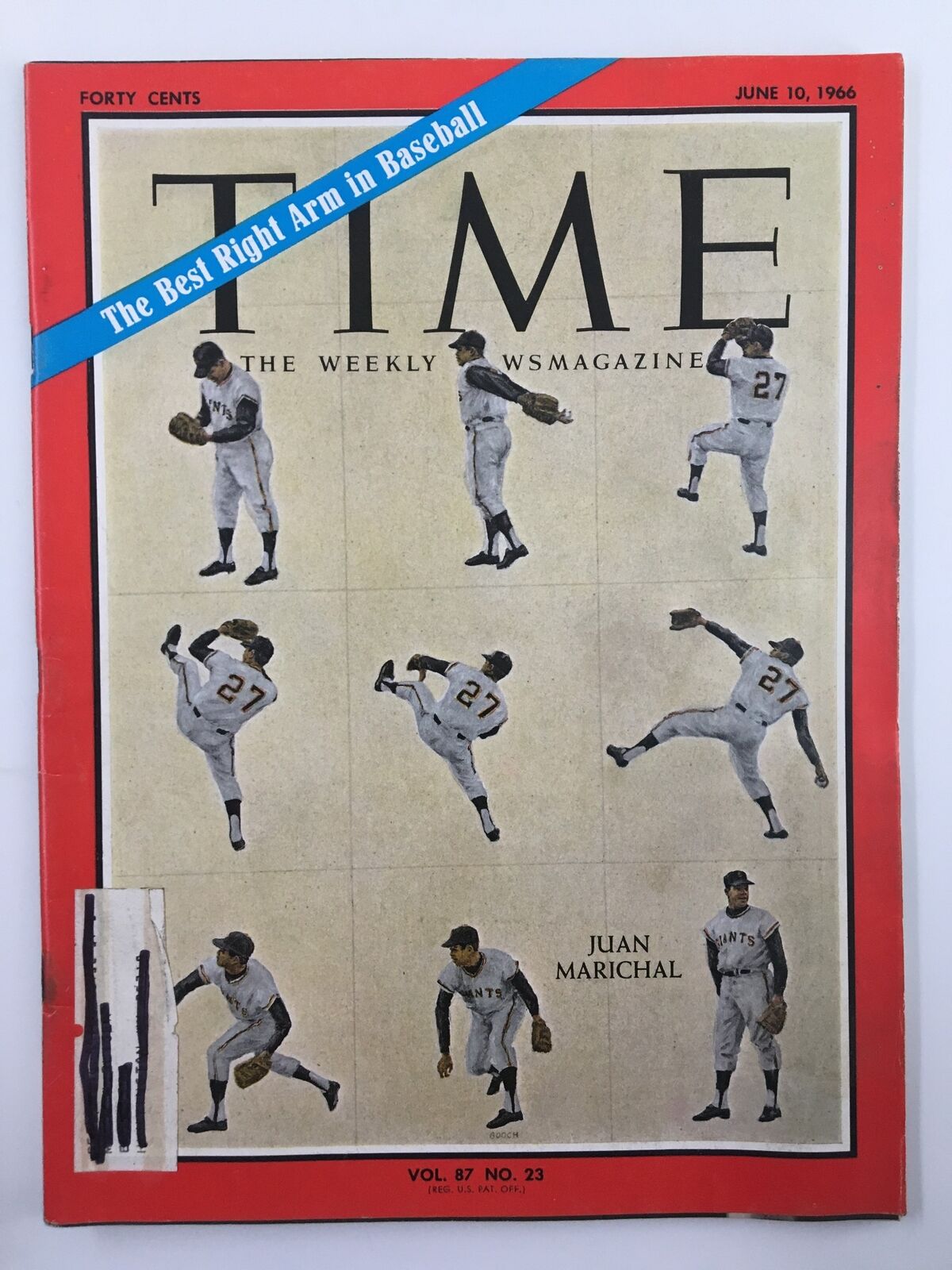 Vintage Time Magazine from June 10, 1966, featuring Juan Marichal on the cover, titled 'The Best Right Arm in Baseball', showcasing illustrations of Marichal in various pitching poses.