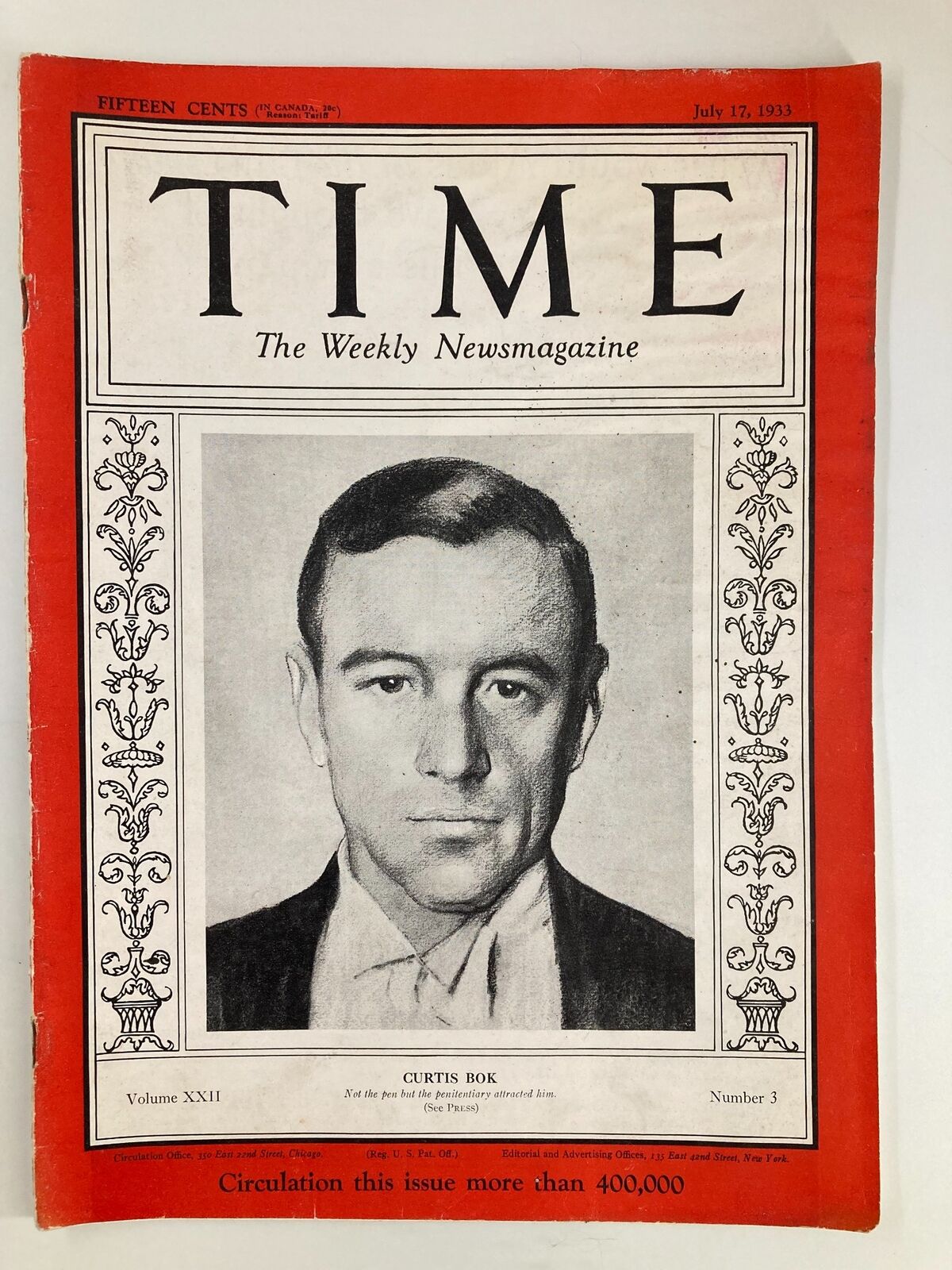 Cover of VTG Time Magazine from July 17, 1933 featuring Justice William Curtis Bok. The magazine displays a classic black and white portrait of Bok with a bold red border.