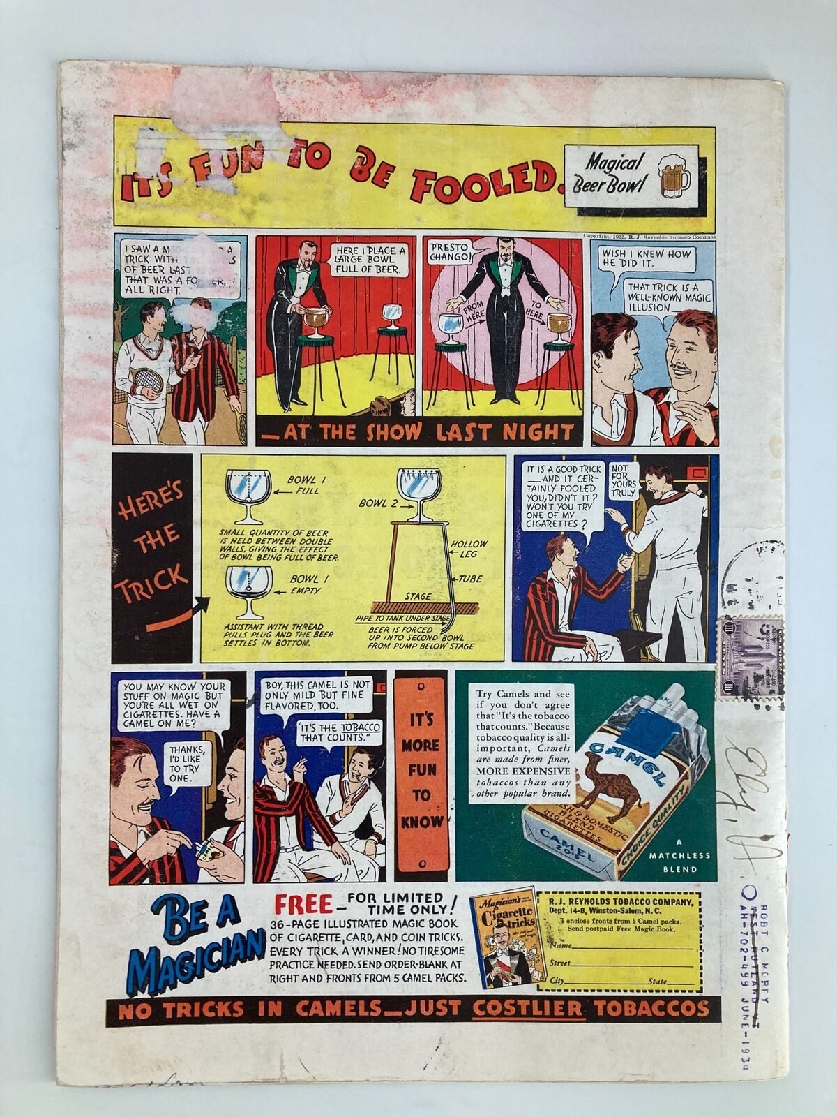 Back cover of VTG Time Magazine dated July 17, 1933, showcasing colorful vintage advertisements, including a comic strip related to the Magical Beer Bowl and Camel Cigarettes.