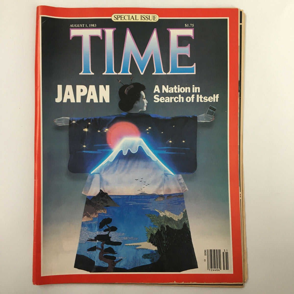 Cover of VTG Time Magazine from August 1, 1983, titled 'Japan: A Nation in Search of Itself,' featuring artistic representation of Mount Fuji and a traditional Japanese figure, reflecting Japan's cultural identity.