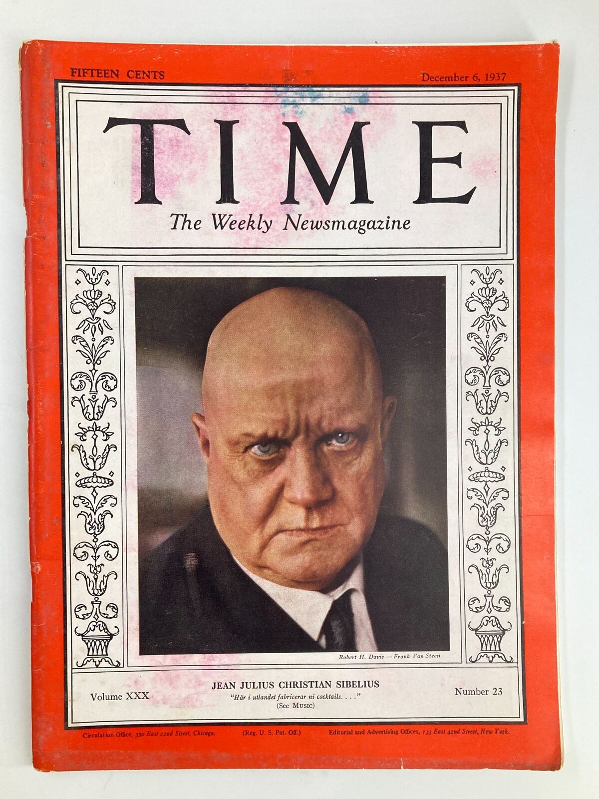 Vintage Time Magazine cover from December 6, 1937 featuring Jean Julius Christian Sibelius, showcasing a striking portrait and historical magazine details.