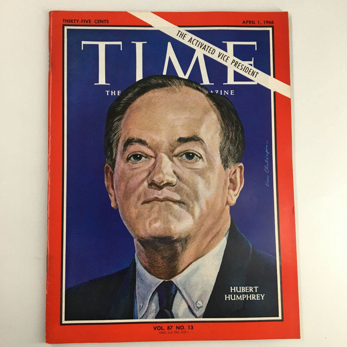 VTG Time Magazine April 1 1966 featuring Hubert Humphrey on the cover, illustrating a pivotal moment in American politics with vibrant colors and detailed artwork.