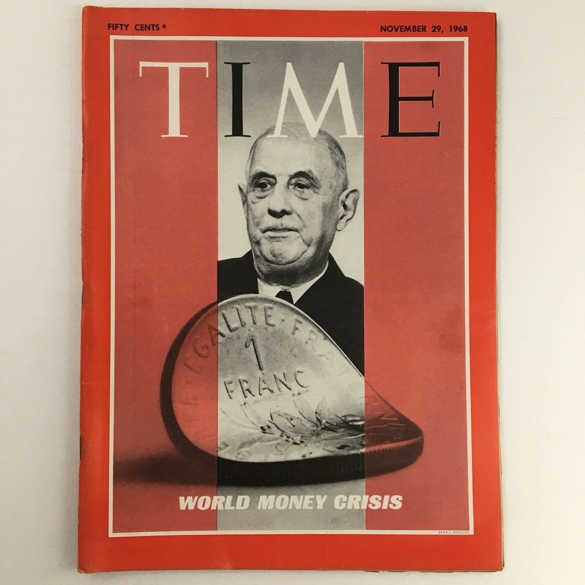 Time Magazine cover from November 29, 1968 featuring the title 'The World Money Crisis' with a portrait of a man and a 1 franc coin. Ideal for collectors and history enthusiasts.