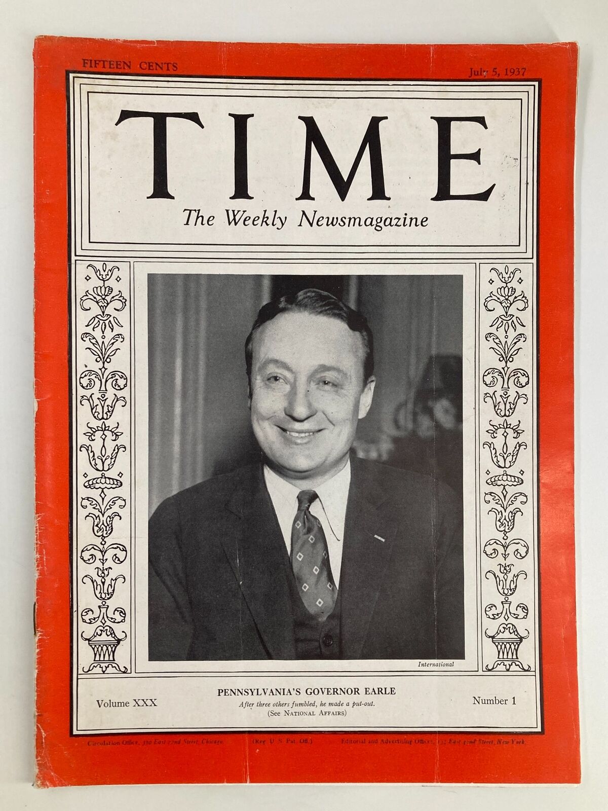 Vintage Time Magazine from July 5, 1937, featuring Pennsylvania's Governor George Earle on the cover. The magazine is Volume 30, Number 1, showcasing classic design and photography from the era.