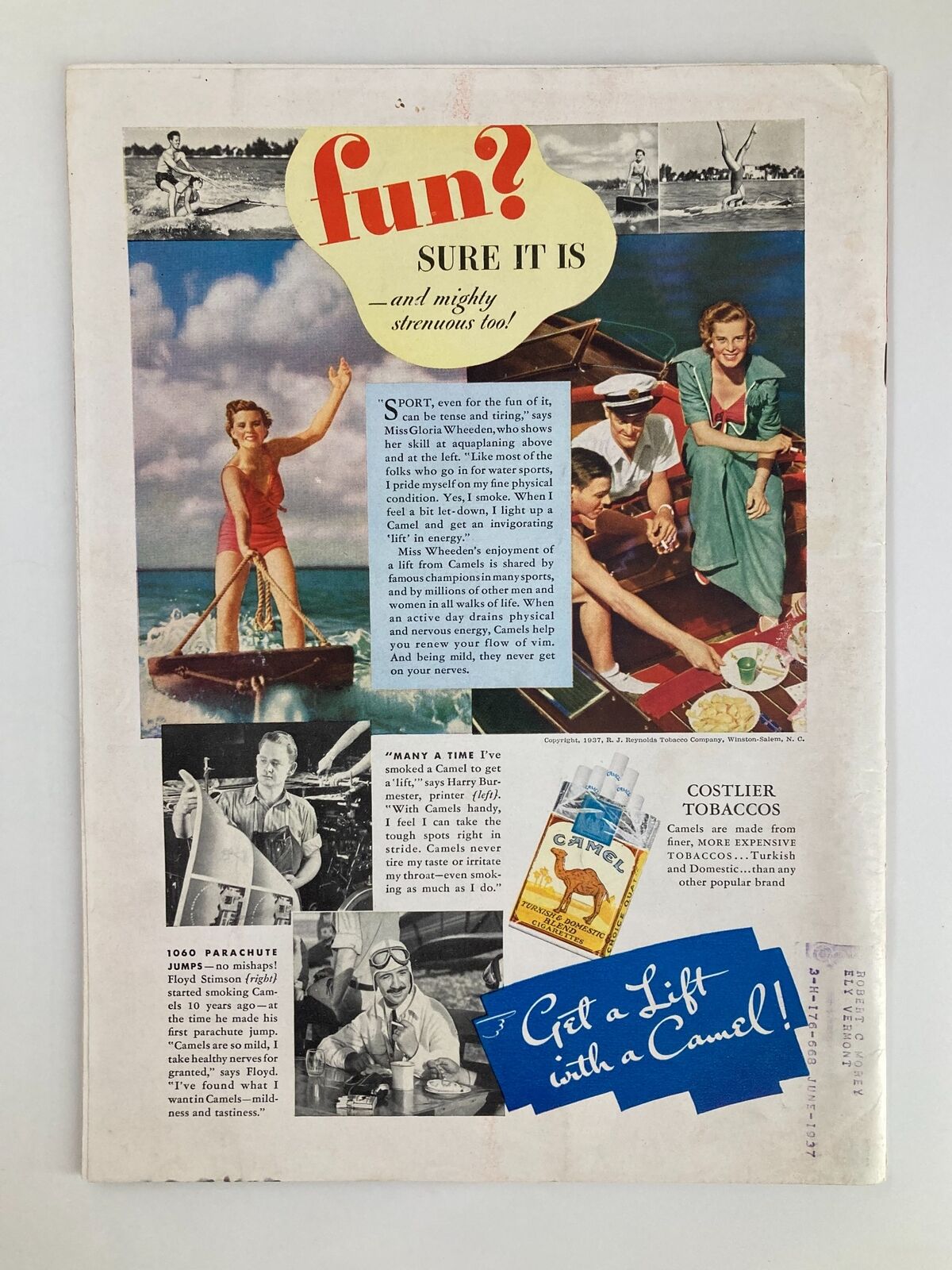 Back cover of the July 5, 1937, Time Magazine featuring an advertisement with a fun maritime theme. Highlights the enjoyment of water sports, showcasing vibrant colors and nostalgic illustrations.