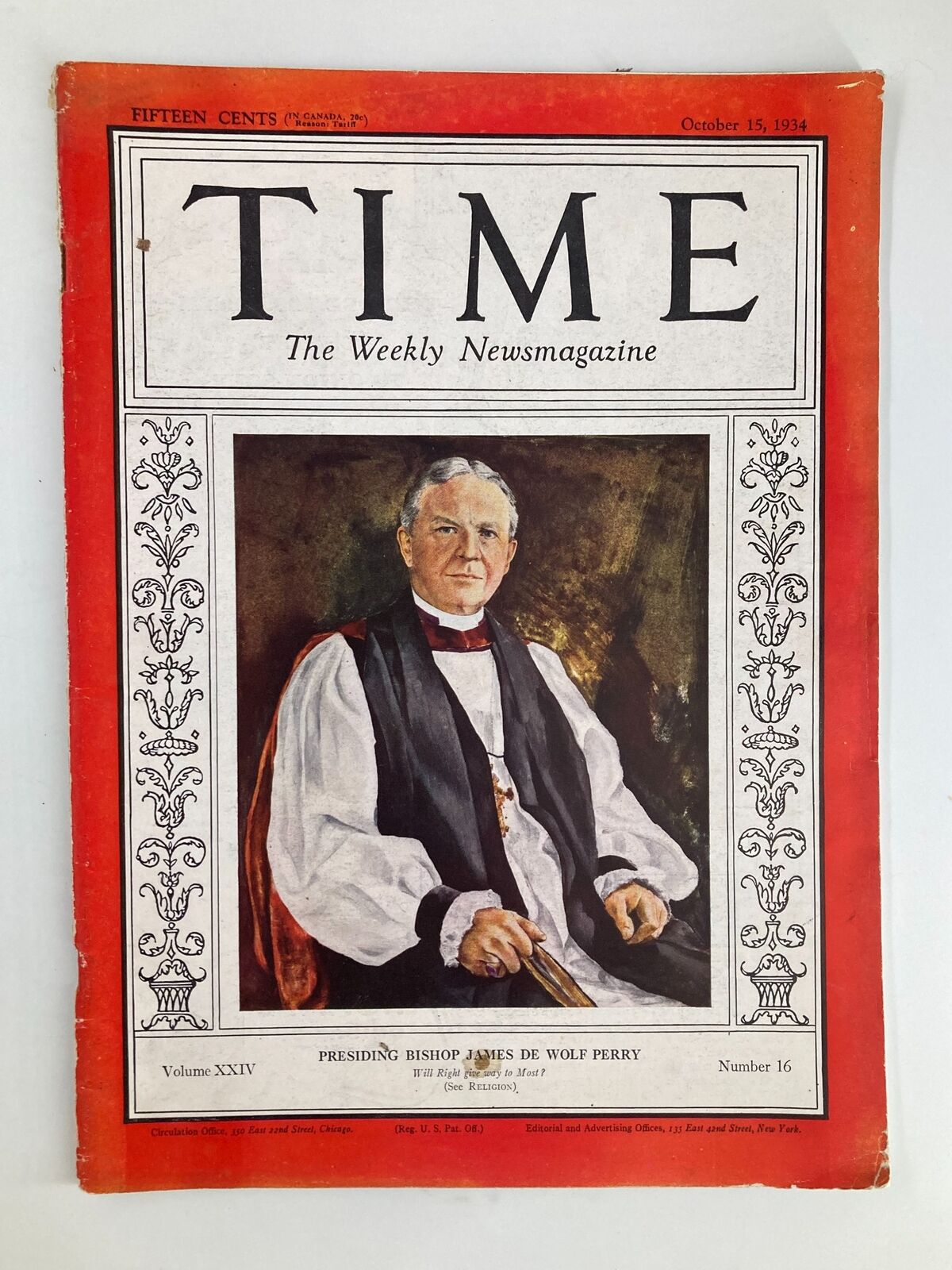 Cover of VTG Time Magazine October 15 1934 featuring Bishop James De Wolf Perry in formal attire.