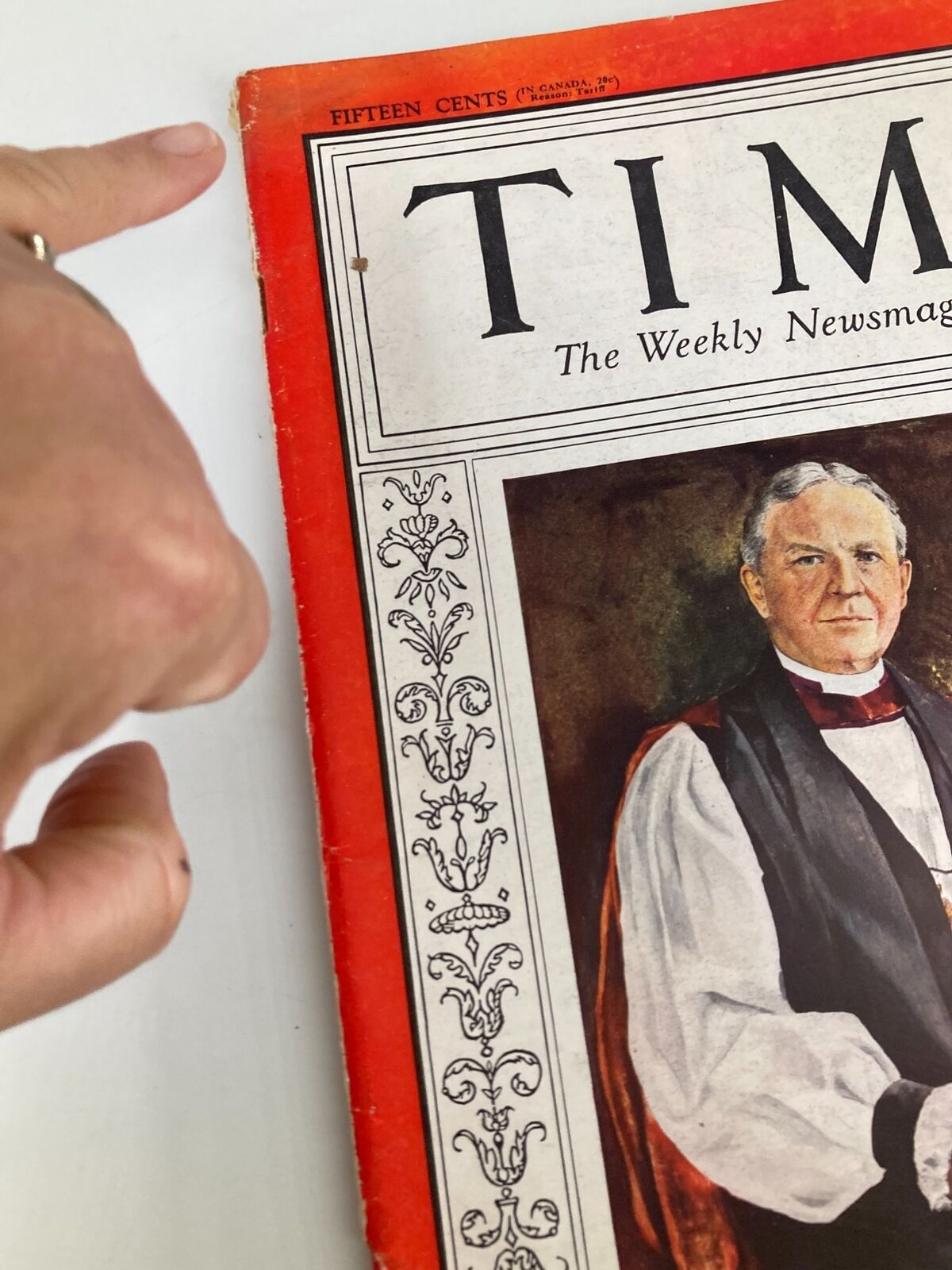 Close-up of the VTG Time Magazine October 15 1934 cover, highlighting details of Bishop James De Wolf Perry and magazine title.