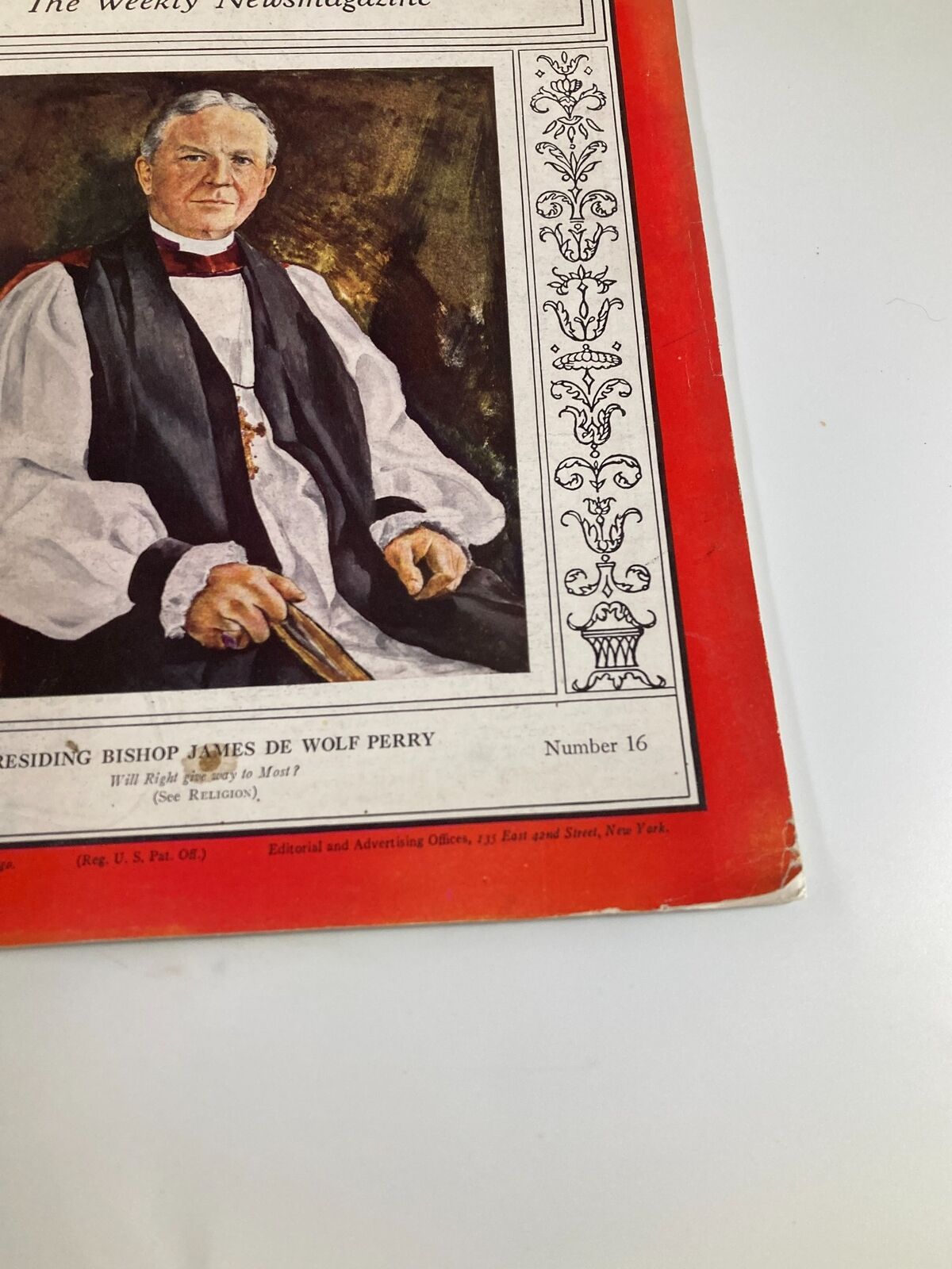 Detailed view of the VTG Time Magazine October 15 1934 cover, showcasing Bishop James De Wolf Perry.