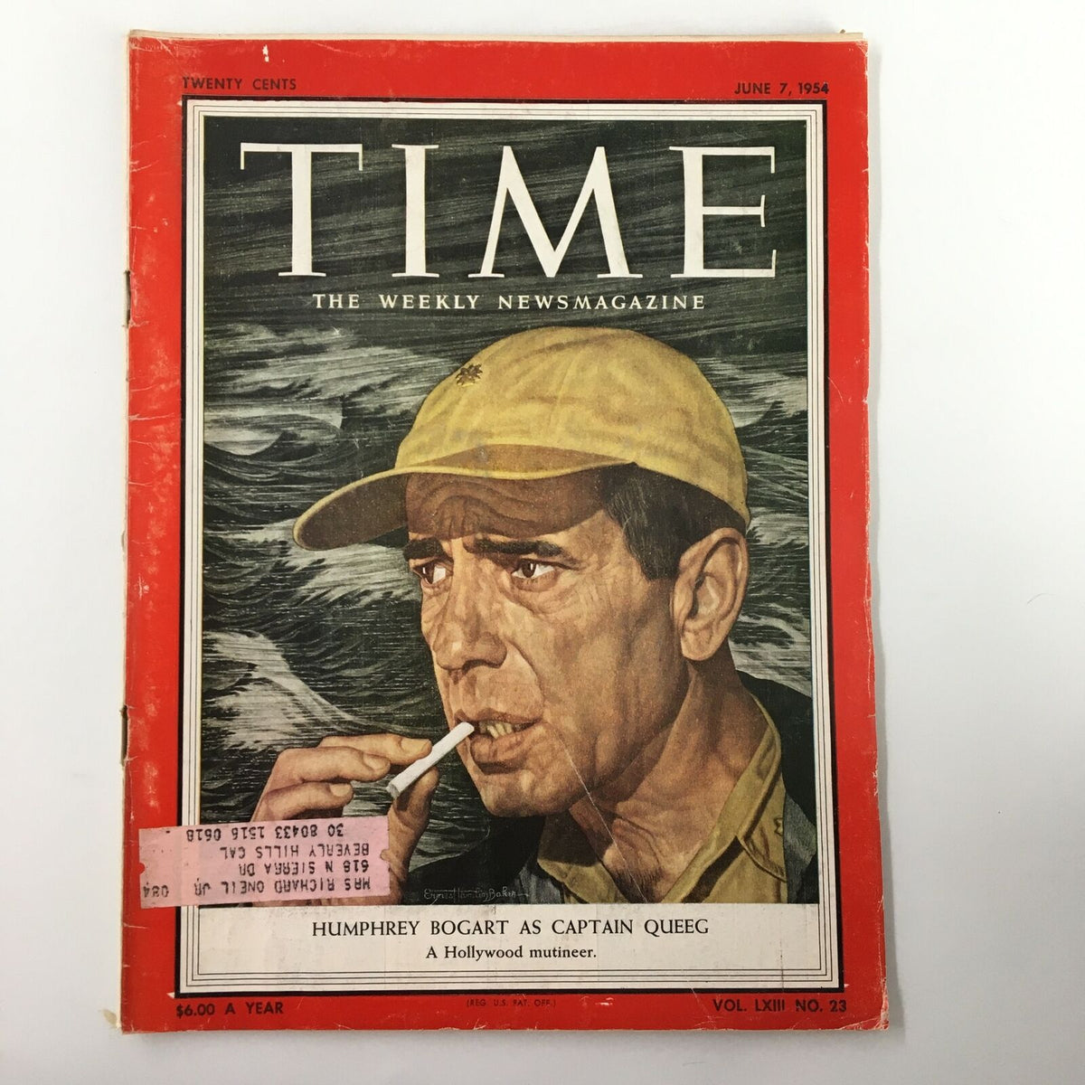 VTG Time Magazine June 7, 1954 cover featuring Humphrey Bogart as Captain Queeg, showcasing his intense expression with a cigarette in hand against a dramatic background.