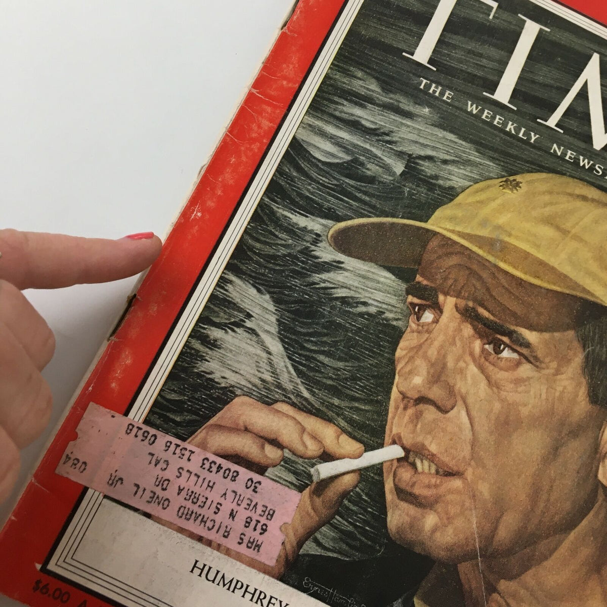 Close-up view of VTG Time Magazine June 7, 1954 cover featuring Humphrey Bogart as Captain Queeg, highlighting the magazine's cover detail including an identification label.